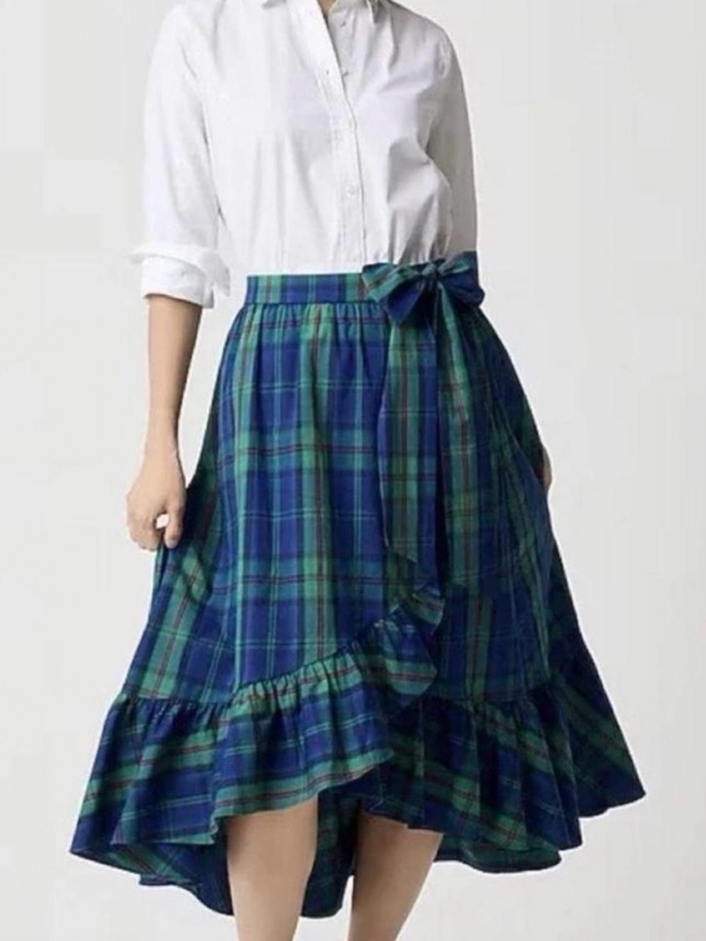 New NWT J Crew cotton blend green plaid ruffle midi skirt bow tie medium holiday